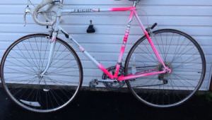 Vintage Raleigh Mercury-neon pink and white racing bike.